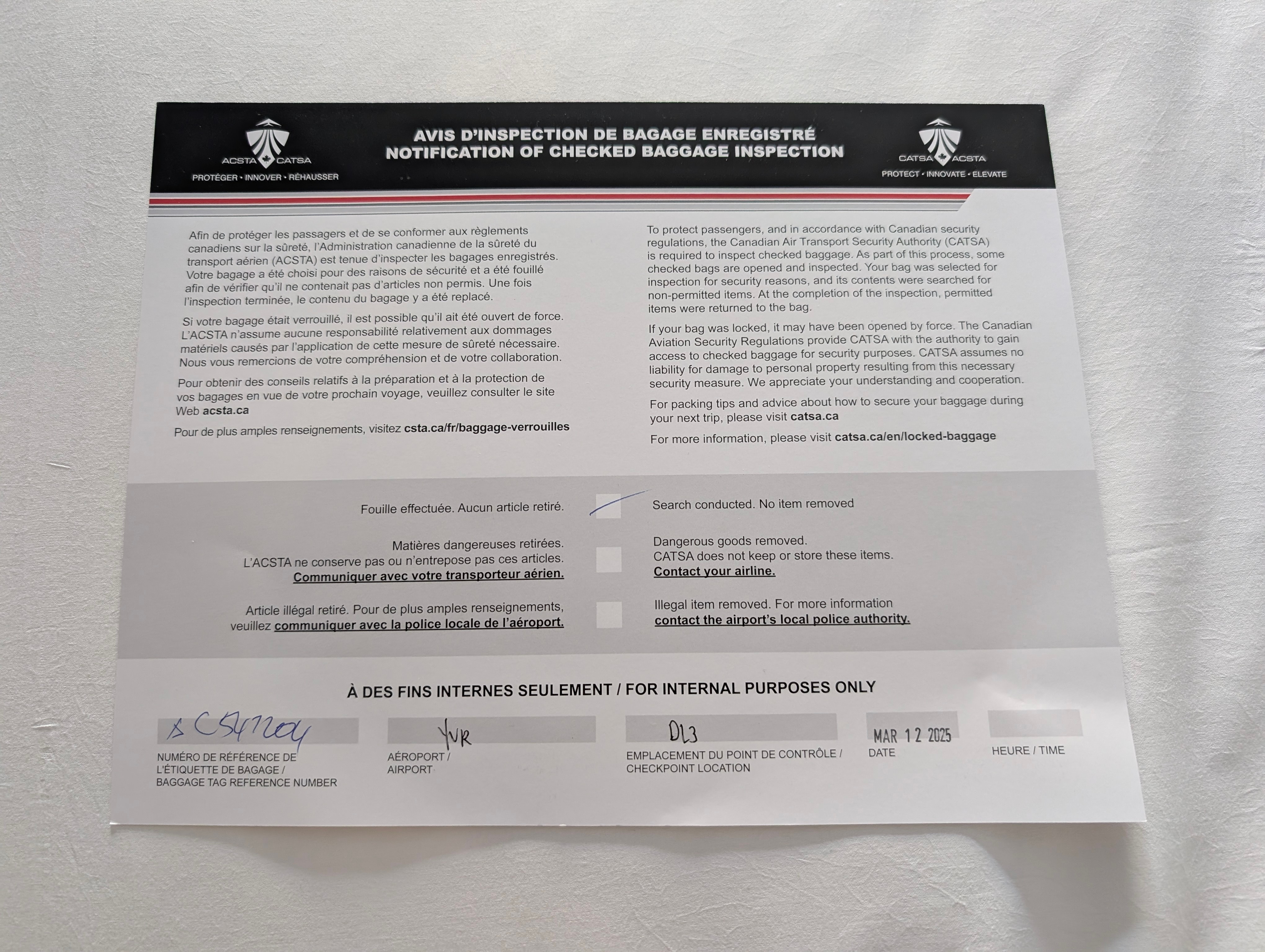 A CATSA (Canadian Air Transport Security Authority) notice form titled "Notification of Checked Baggage Inspection," printed in both French and English. The document explains that the passenger’s bag was inspected for security reasons and provides instructions if items were removed. One checkbox is marked: "Search conducted. No item removed." Other boxes for "Dangerous goods removed" and "Illegal item removed" are unchecked. Handwritten notes include baggage tag reference number "CS47M9," airport code "YVR," checkpoint location "DL3," and a date stamp of March 12, 2025. The bottom of the form reads "For Internal Purposes Only."