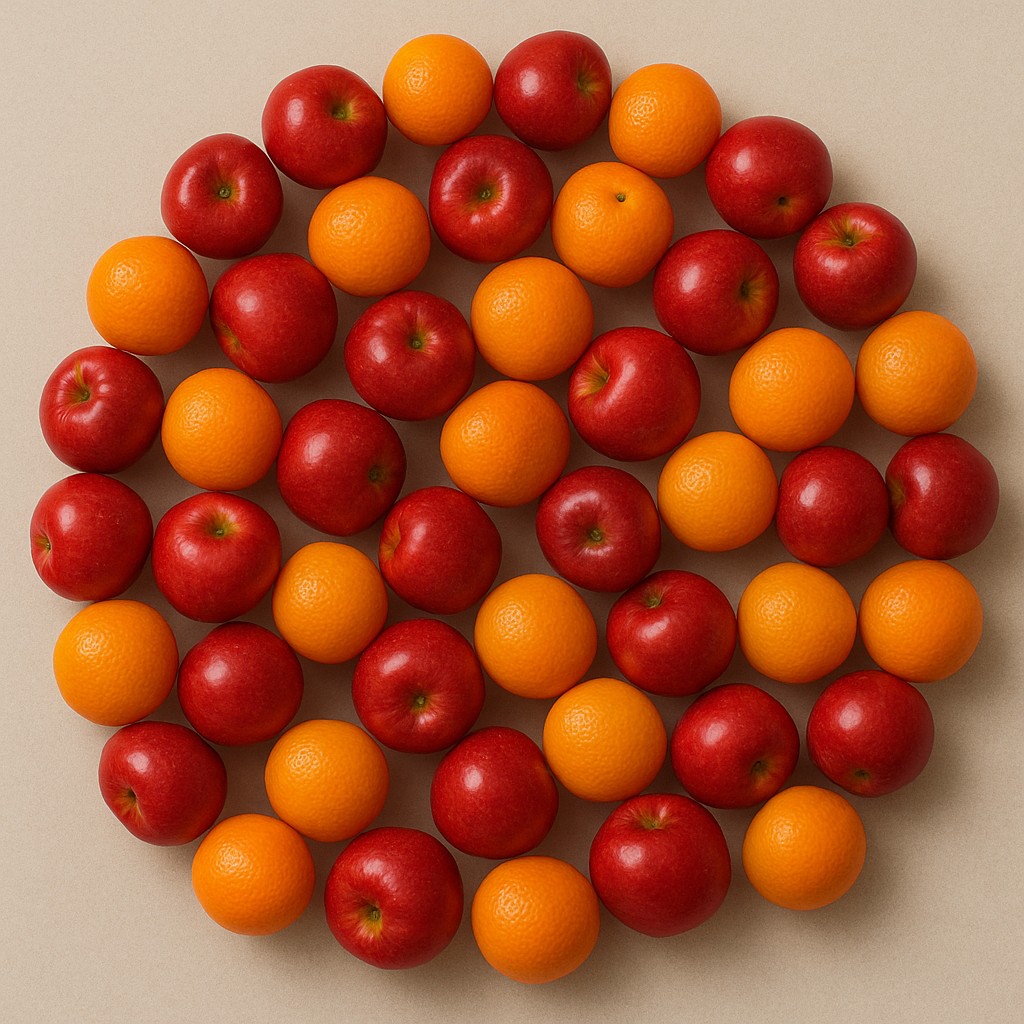 Apples and oranges arranged in a circle