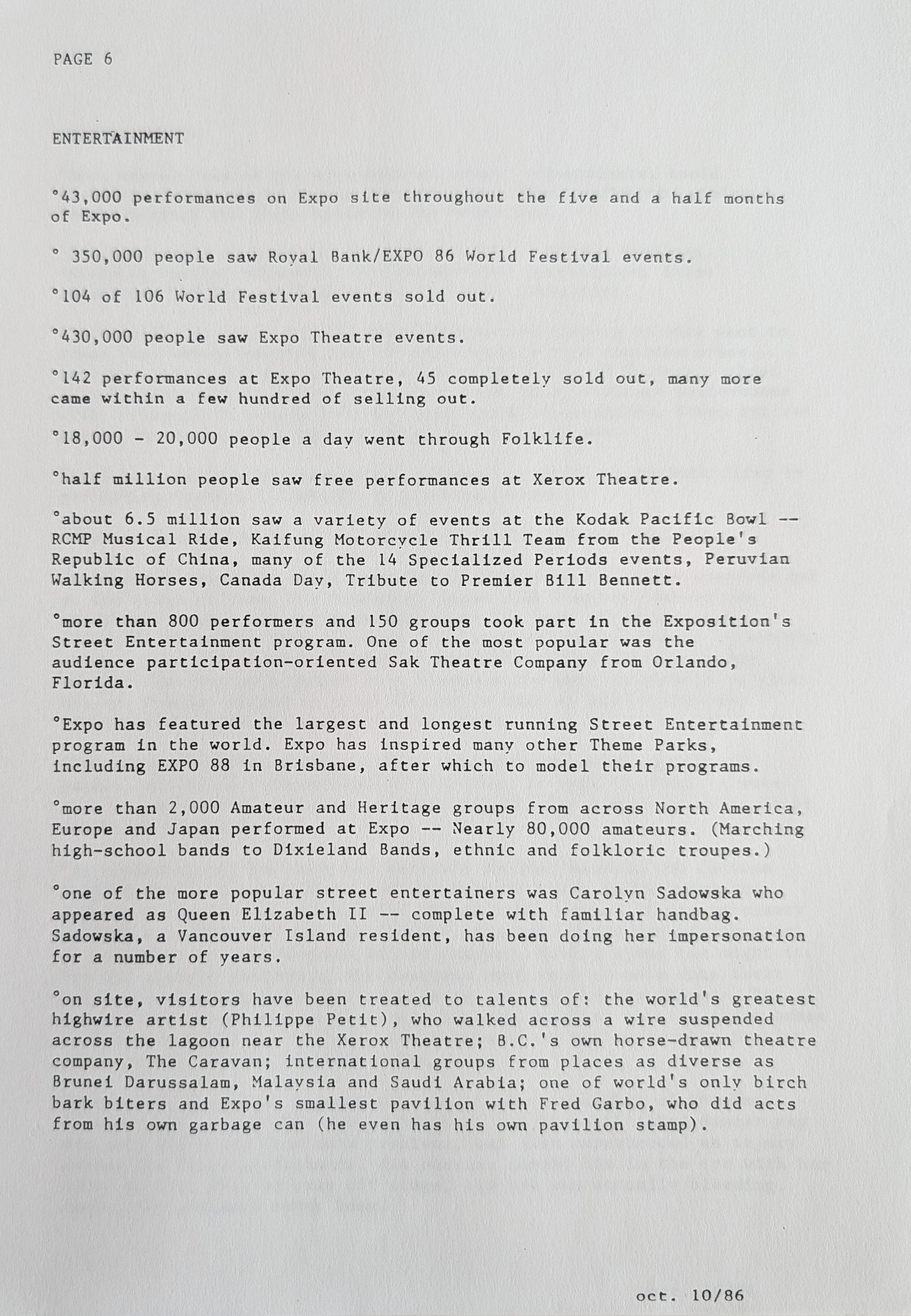 Stats and Stories from the 1986 World Exposition, page 6 of 25