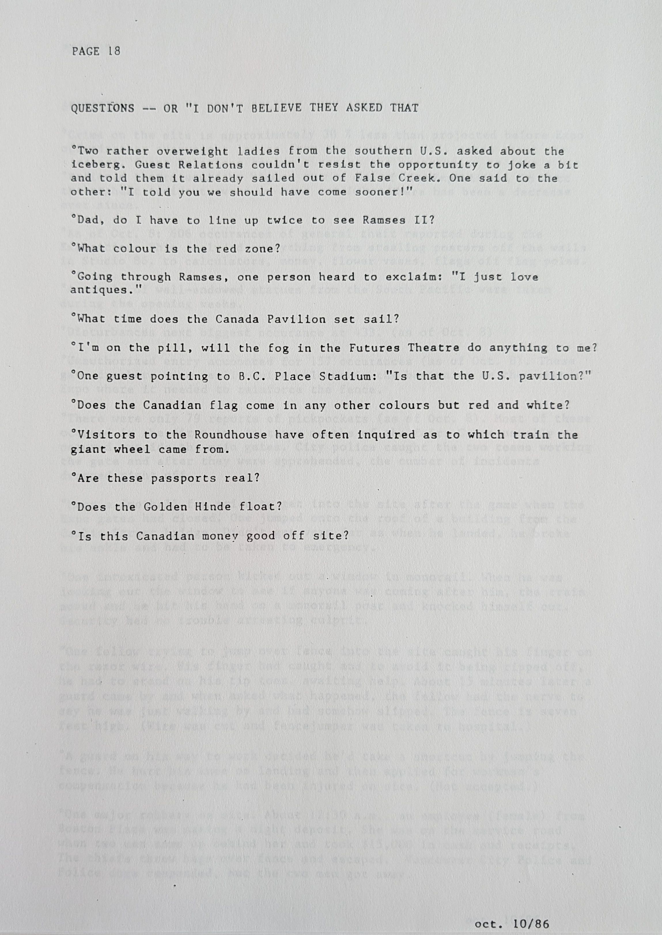 Stats and Stories from the 1986 World Exposition, page 18 of 25